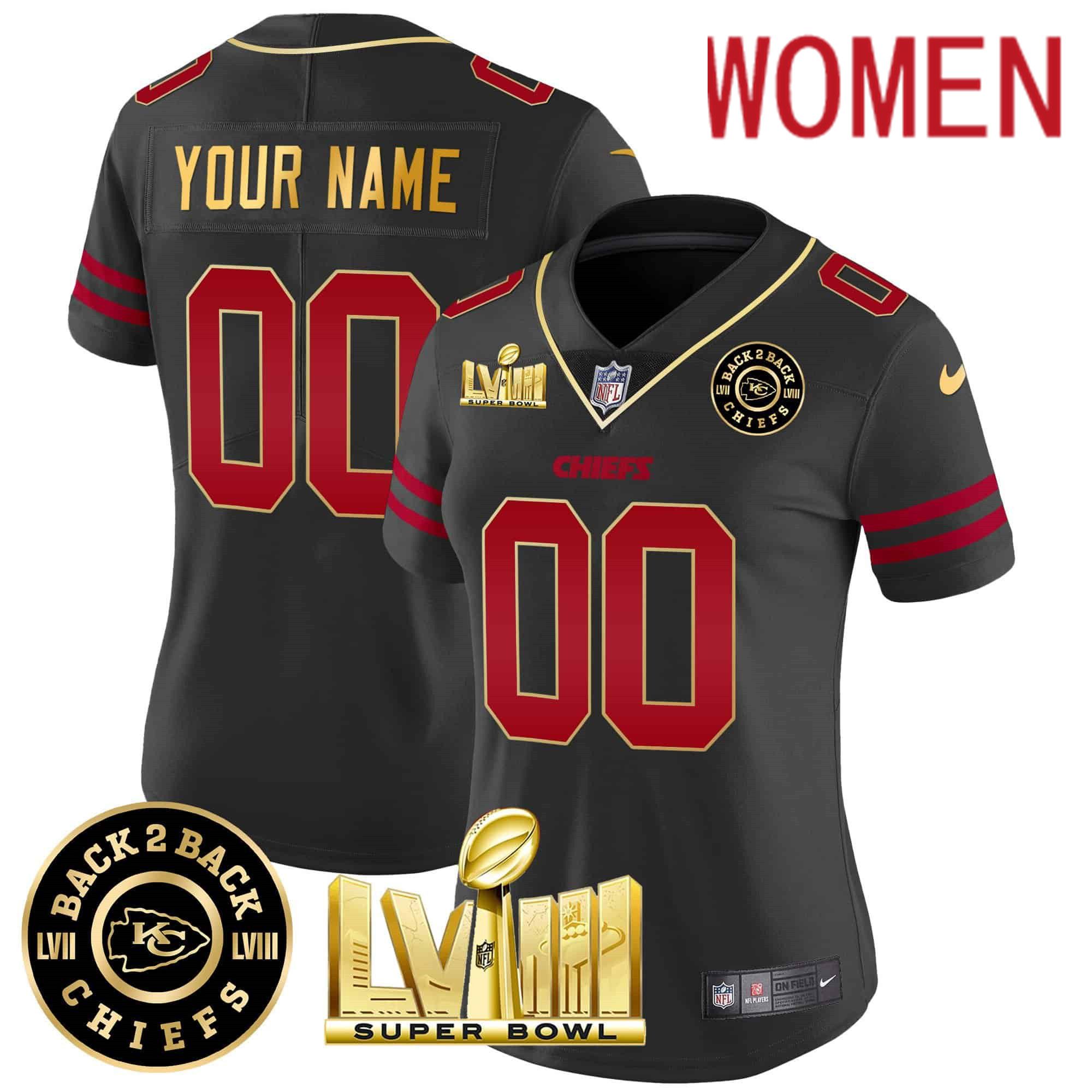 Women Kansas City Chiefs Black 2024 Nike Super Bowl LVIII & Back-2-Back Patch Vapor Custom NFL Jersey style 1